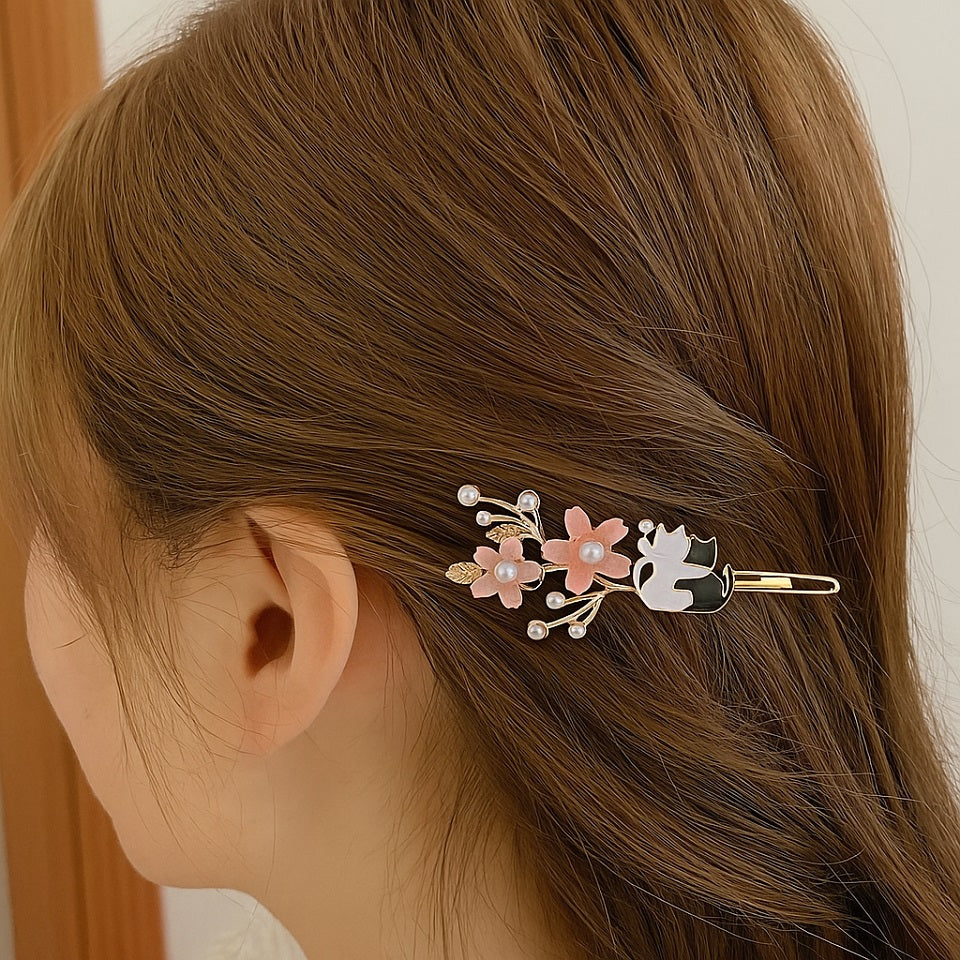 Barrette à cheveux chats et fleurs de sakura