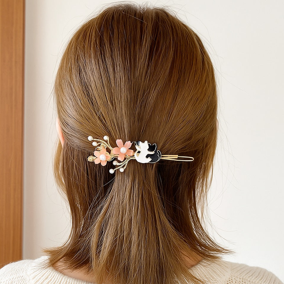 Barrette à cheveux chats et fleurs de sakura
