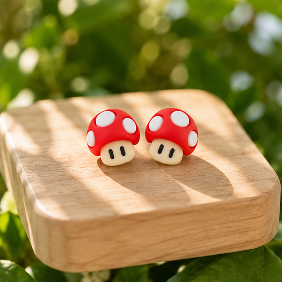 une paire de boucles d'oreilles en forme de champignon rouge à pois blancs, inspirées du jeu vidéo Mario.