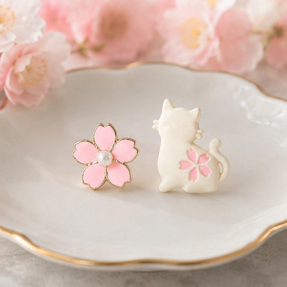 Boucles d'oreilles chat blanc et sakura rose