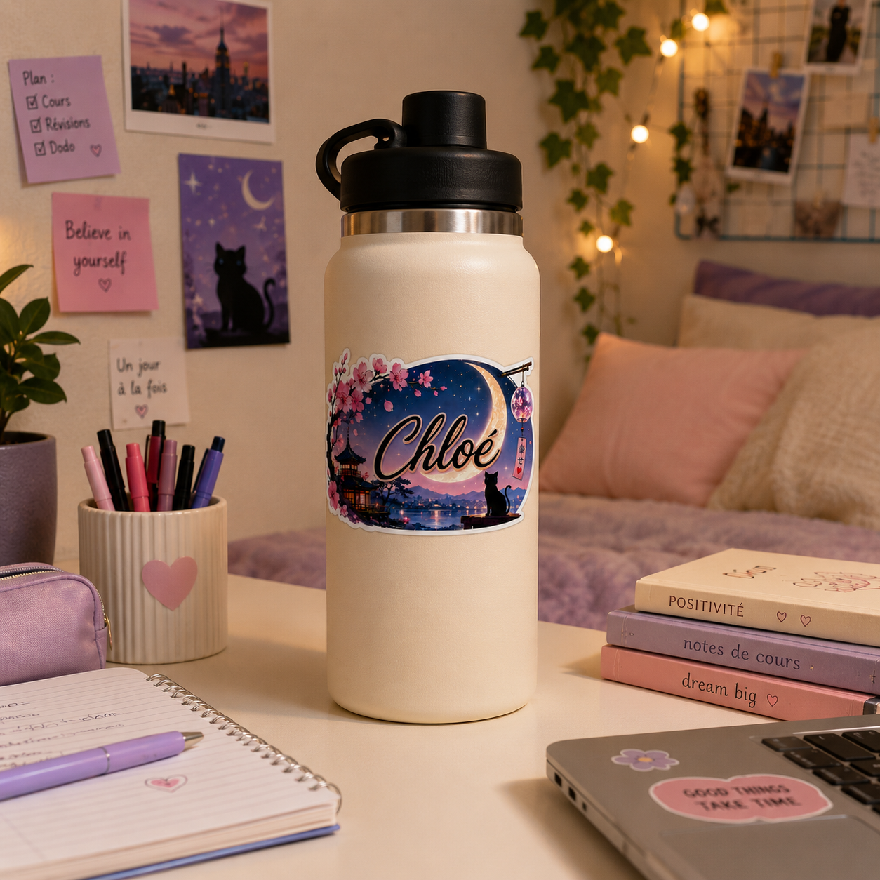 Sticker personnalisable nuit japonaise kawaii, découpe contour blanc, idée cadeau unique 💕