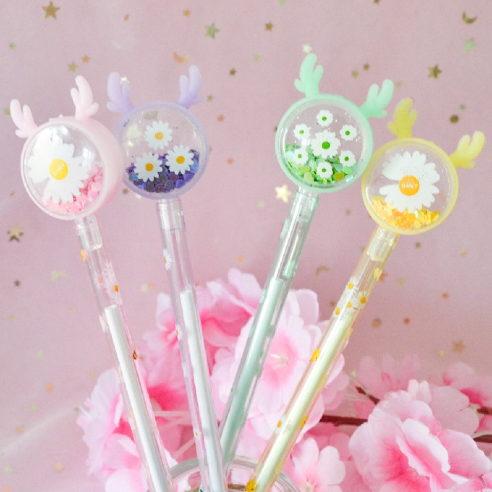 Stylo cerf paillettes et marguerites