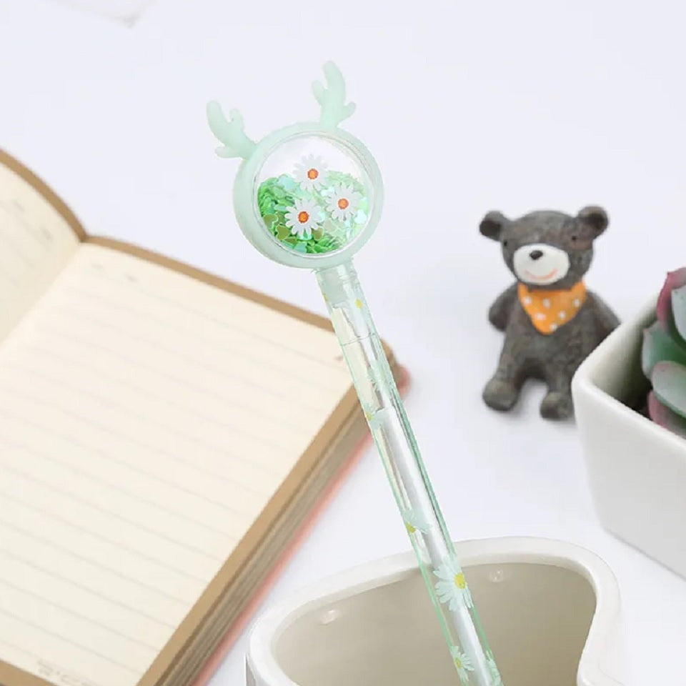Stylo cerf paillettes et marguerites