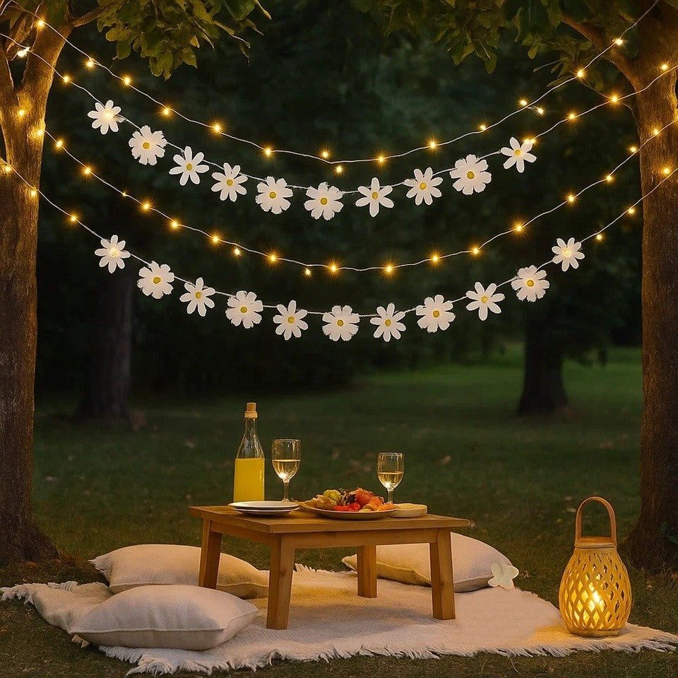 une guirlande en forme de marguerites en papier. De style élégante et bohème, vous pouvez l'utiliser pour un anniversaire ou n'importe quelle fête
