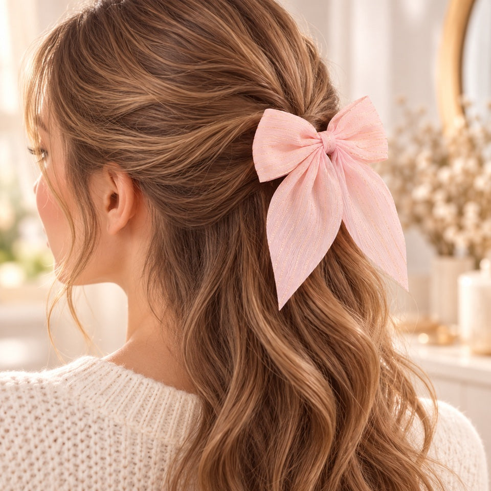 Barrette à cheveux rose en forme de grand nœud avec fins fils dorés, portée sur une demi-queue de cheval pour une coiffure romantique et élégante.