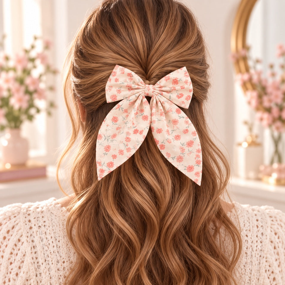 Barrette à cheveux en forme de nœud fleuri écru et rose, portée sur une demi-queue de cheval, pour une coiffure romantique et féminine.