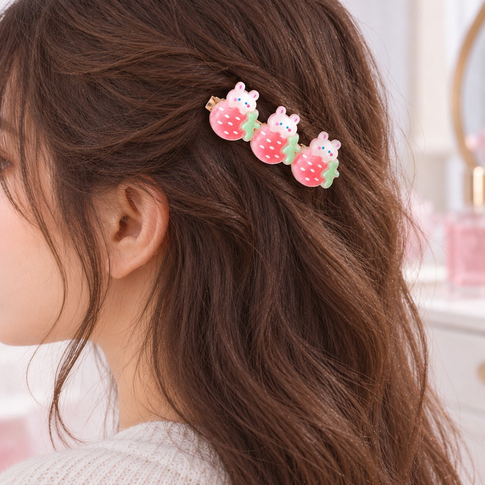 Barrette à cheveux kawaii ornée de trois adorables lapins blancs sur des fraises roses à pois blancs et feuilles vertes, portée sur le côté de la tête d’une femme aux cheveux bruns naturellement ondulés. Accessoire cheveux original et mignon, au style japonais kawaii, idéal pour une coiffure douce, fraîche et féminine.