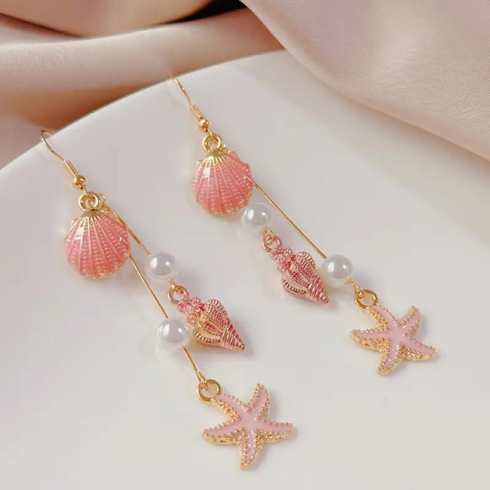 boucles d'oreilles coquillages étoiles de mer rose, vacances plage été