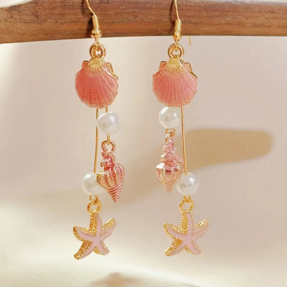 boucles d'oreilles coquillages étoiles de mer rose, vacances plage été