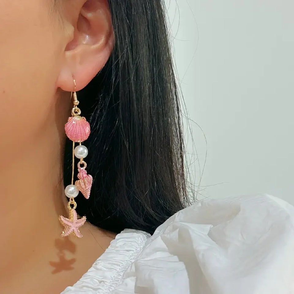 boucles d'oreilles coquillages étoiles de mer rose, vacances plage été