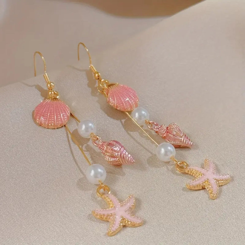 boucles d'oreilles coquillages étoiles de mer rose, vacances plage été
