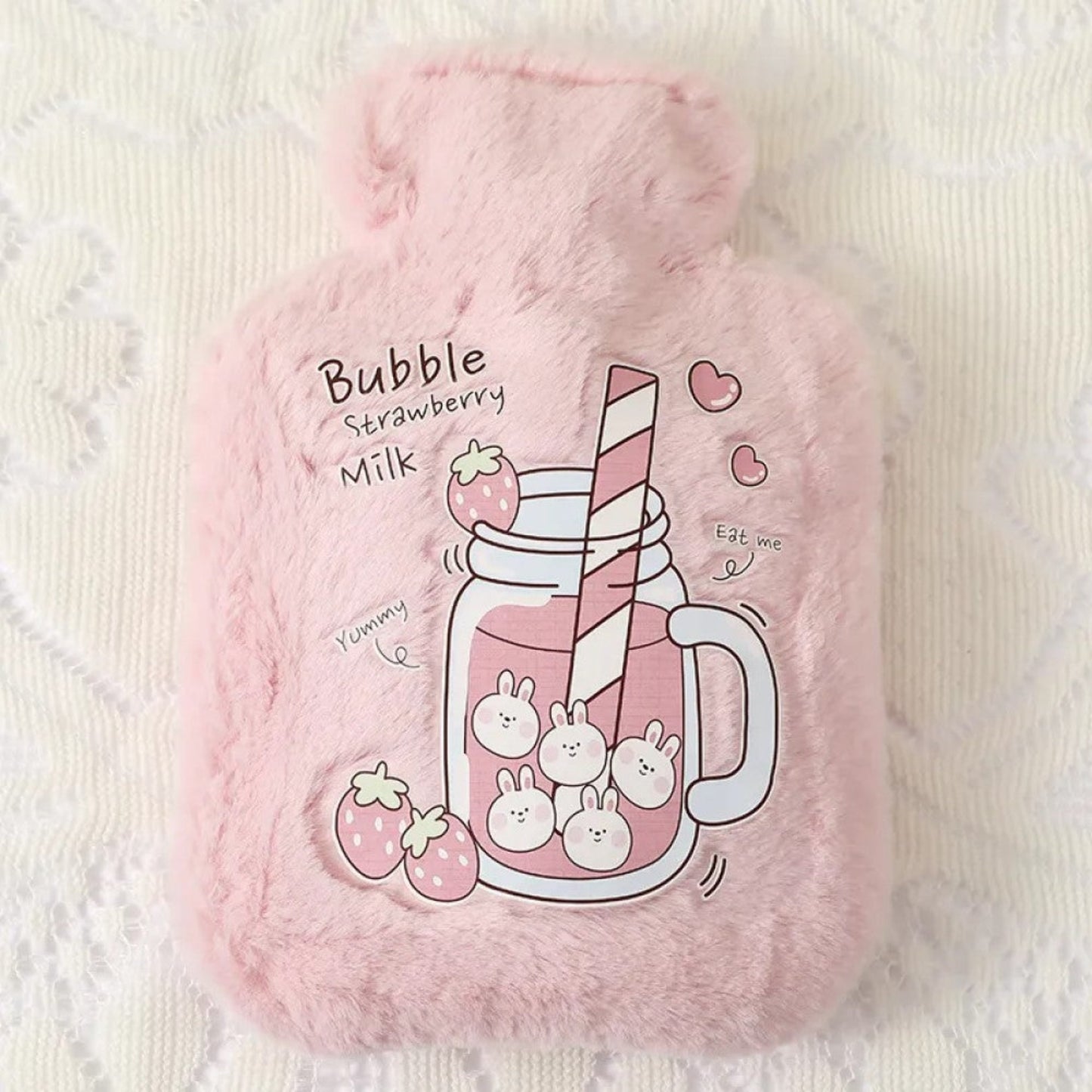 Bouillotte peluche kawaii bubble tea fraise et lapins