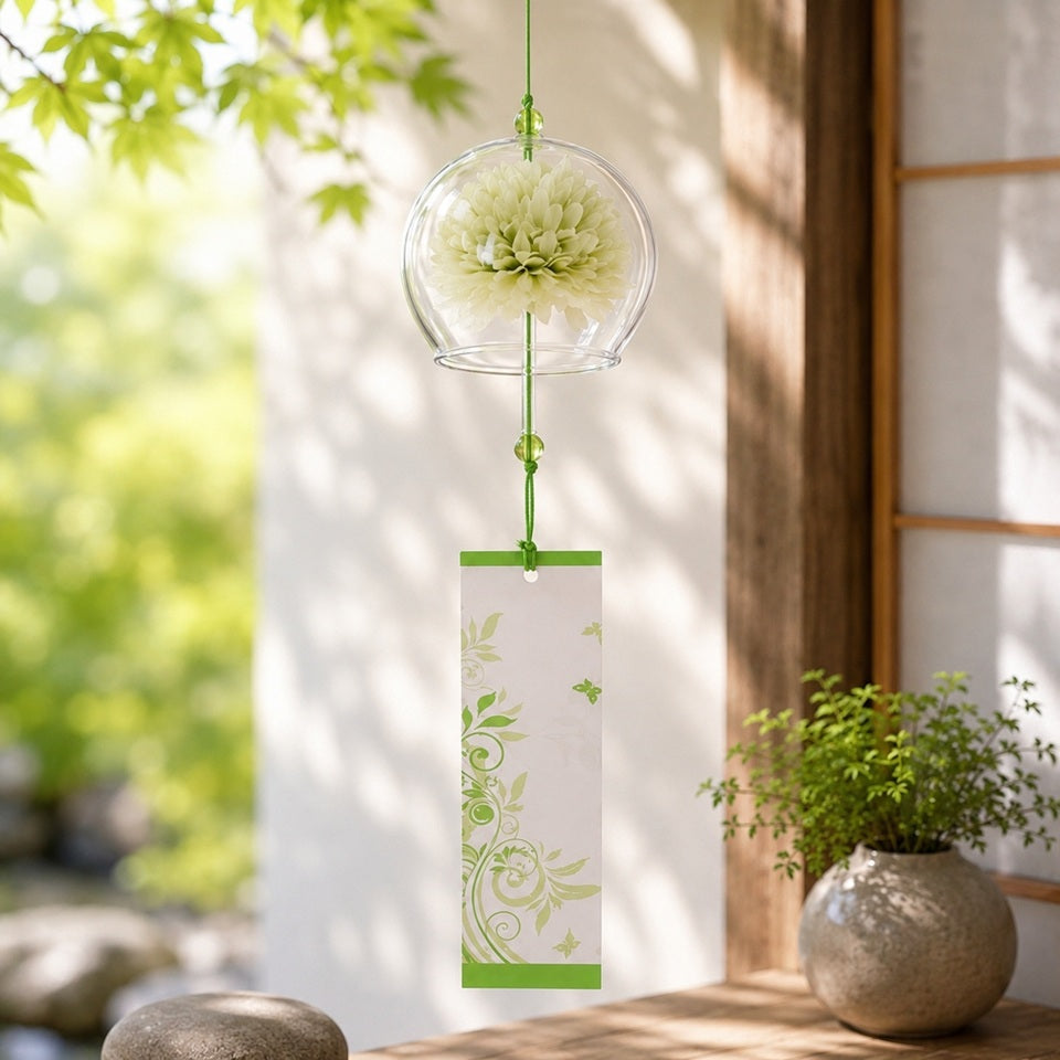 Carillon à vent japonais en verre transparent suspendu dans un cadre en bois baigné de lumière naturelle. Une fleur vert tendre est délicatement enfermée dans la cloche en verre, accompagnée d'une étiquette blanche ornée de motifs végétaux verts. En arrière-plan, un feuillage lumineux, une fenêtre de style japonais et une petite plante en pot créent une ambiance zen, fraîche et apaisante.
