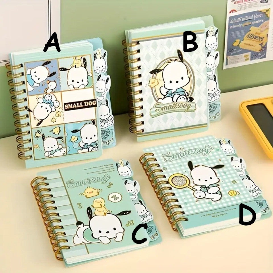 des carnets de couleur verte inspirés du personnage de Sanrio : Pochacco le petit chien Retrouvez-le dans différentes illustrations mignonnes. A l'intérieur des carnets, on trouve des intercalaires pour optimiser ses notes.