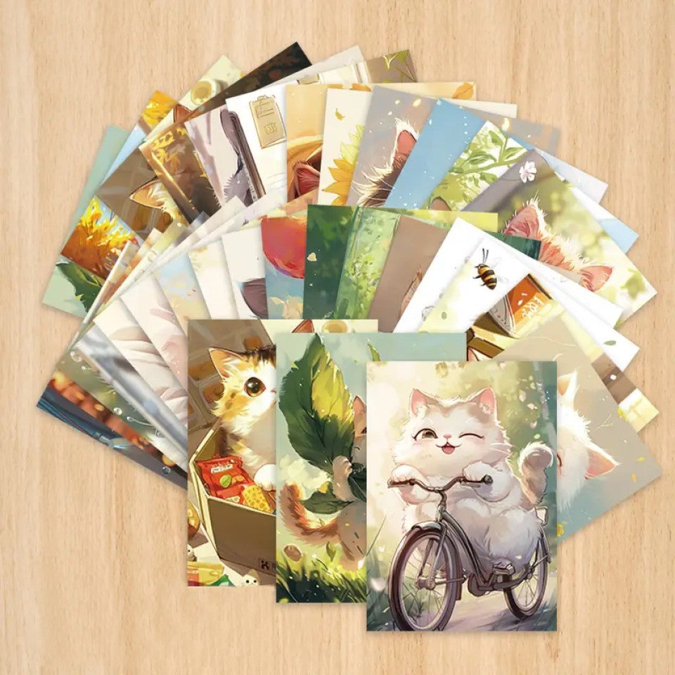 des cartes postales d'illustrations dessinées de chats de toutes les couleurs et dans des poses, des expressions et scènes différentes mais toujours pleine de tendresse et de douceur.