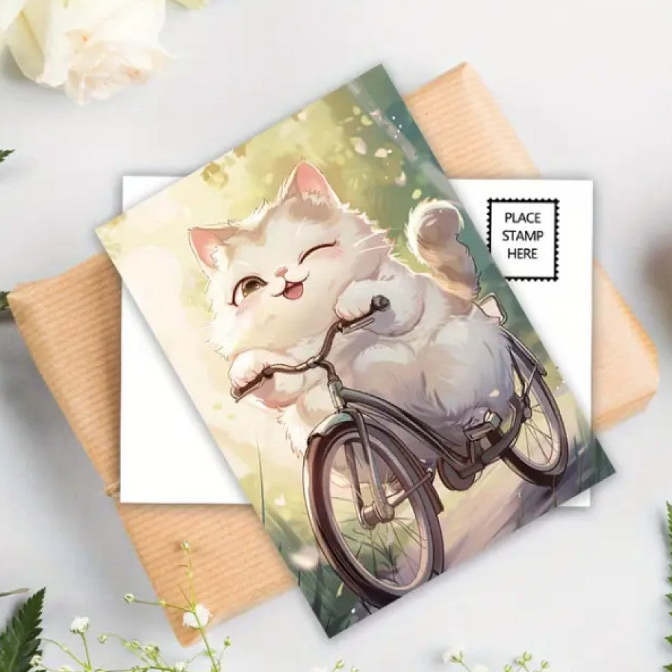 des cartes postales d'illustrations dessinées de chats de toutes les couleurs et dans des poses, des expressions et scènes différentes mais toujours pleine de tendresse et de douceur.