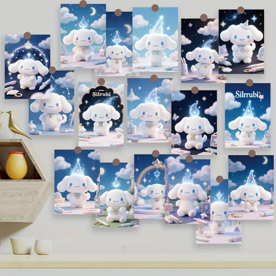 des cartes postales Cinnamoroll au design pastel et aux tons de bleus pour retrouver l'esprit de ce personnage Sanrio. Des illustrations de Cinnamoroll pleines de magie et de douceur.