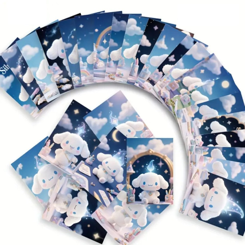 des cartes postales Cinnamoroll au design pastel et aux tons de bleus pour retrouver l'esprit de ce personnage Sanrio. Des illustrations de Cinnamoroll pleines de magie et de douceur.