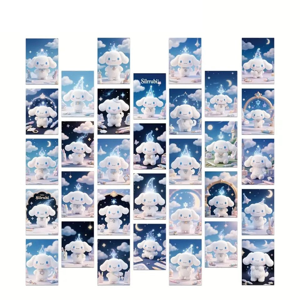 des cartes postales Cinnamoroll au design pastel et aux tons de bleus pour retrouver l'esprit de ce personnage Sanrio. Des illustrations de Cinnamoroll pleines de magie et de douceur.
