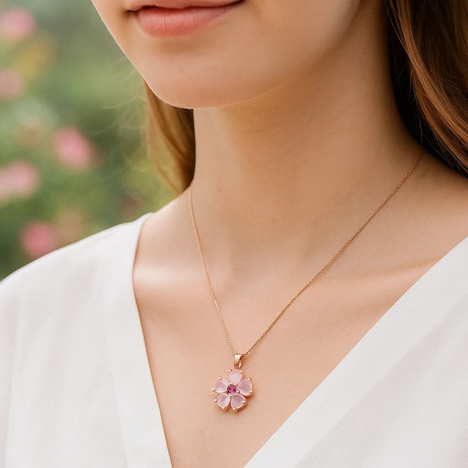 un superbe collier rose gold dont le pendentif est une jolie fleur de sakura aux pétales roses et dont le coeur est un strass rose brillant. Le bijou est élégant et romantique et rappelle la saison des sakura en fleurs au Japon.