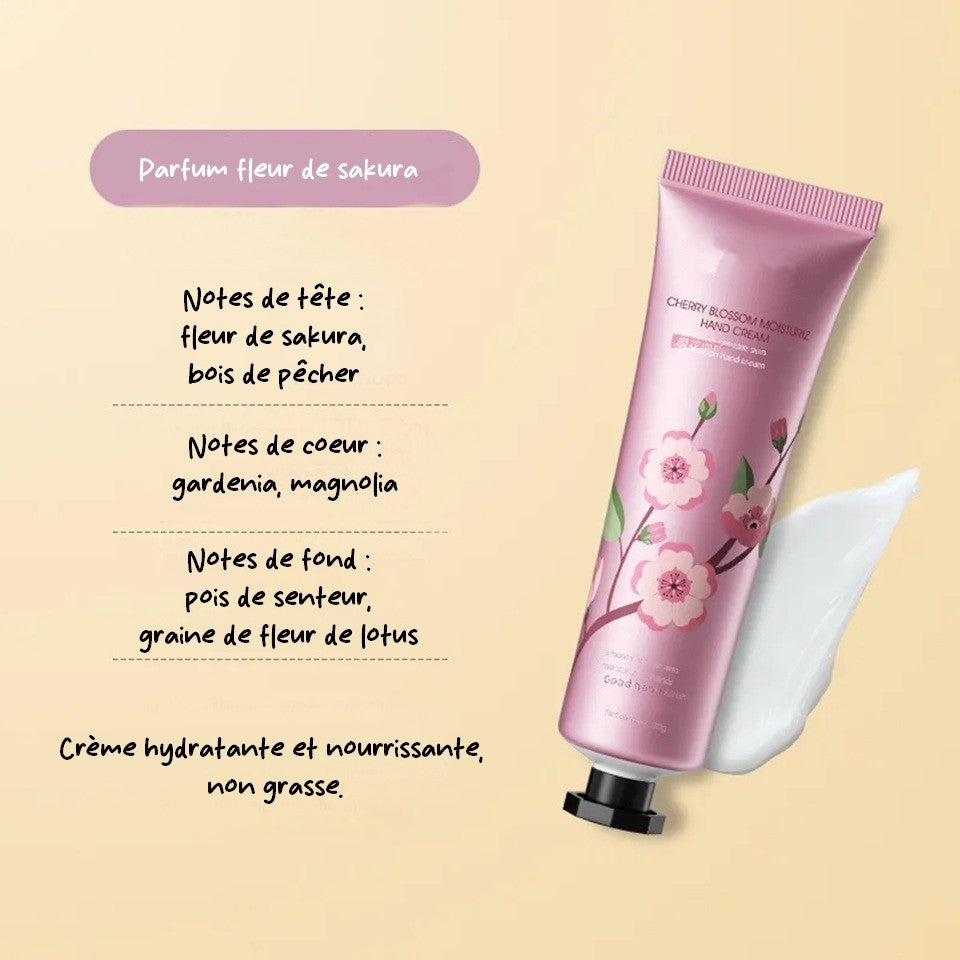 une crème pour les mains au sakura. Texte onctueuse, douce et non grasse, elle nourrit et hydrate en profondeur pour soulager la sécheresse de la peau des mains.