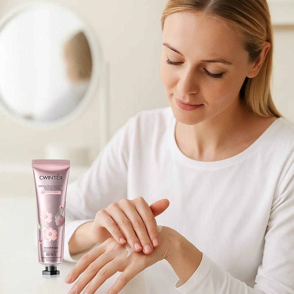 une crème pour les mains au sakura. Texte onctueuse, douce et non grasse, elle nourrit et hydrate en profondeur pour soulager la sécheresse de la peau des mains.