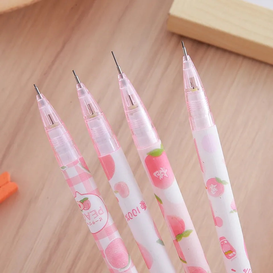 des critériums au motif et couleur de pêche. Look frais, fruité et coloré trop mignon. Idéal pour le dessin et l'écriture.