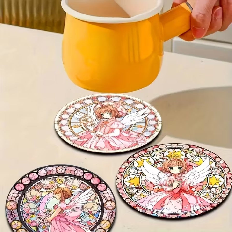 des dessous de verre en bois de superbes illustrations de Sakura Kinomoto de Card Captor Sakura. Elle a ses ailes blanches et est vêtue d'une belle robe rose élégante. Idéal pour les apéros entre amis, pour ne pas tâcher la table.