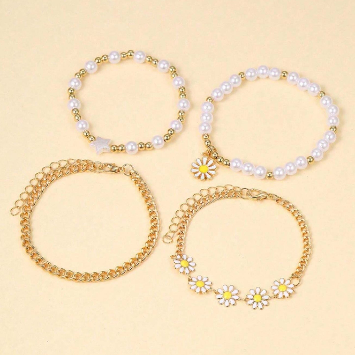 Ensemble de 4 bracelets marguerites et perles