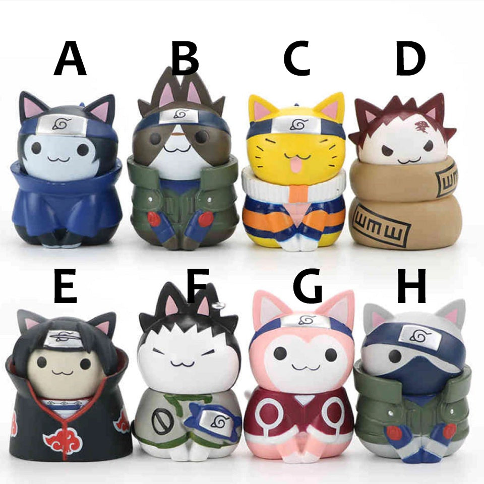 Les personnages du manga Naruto sous forme de chats hyper stylés et mignons. Kakashi, Naruto, Sakura, Gaara, Sasuke, Shikamaru, Iruka et Itachi sont adorables avec leurs habits respectifs et leurs signes distinctifs