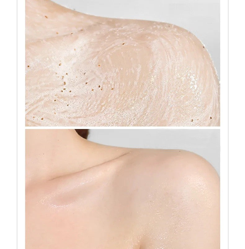 un gommage pour le corps à la pêche. Avec ses grains, il exfolie en douceur la peau tout en l'hydratant.