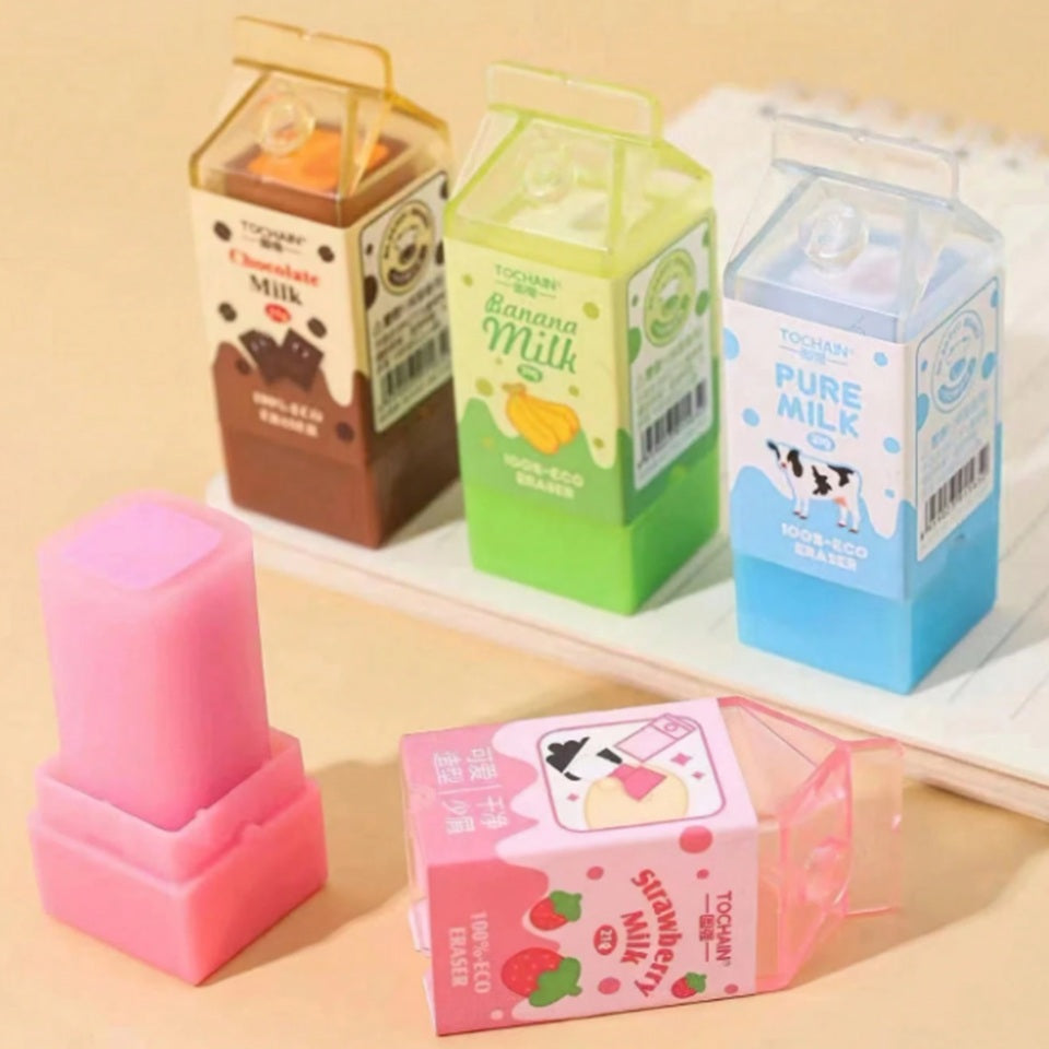 d'adorables gommes en forme de briquette de lait parfumé au chocolat, à la banane, à la fraise ou nature. Elles sont adorables, leur packaging est original et ludique, elles possèdent un étui en plastique.