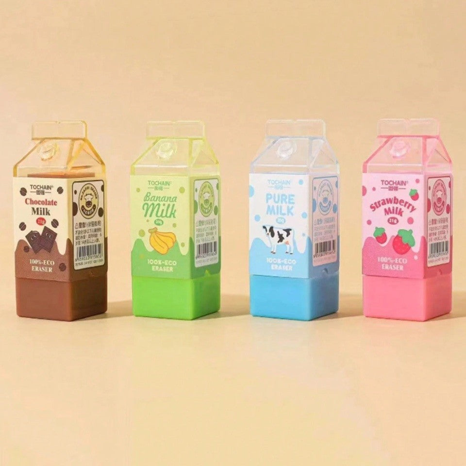 d'adorables gommes en forme de briquette de lait parfumé au chocolat, à la banane, à la fraise ou nature. Elles sont adorables, leur packaging est original et ludique, elles possèdent un étui en plastique.
