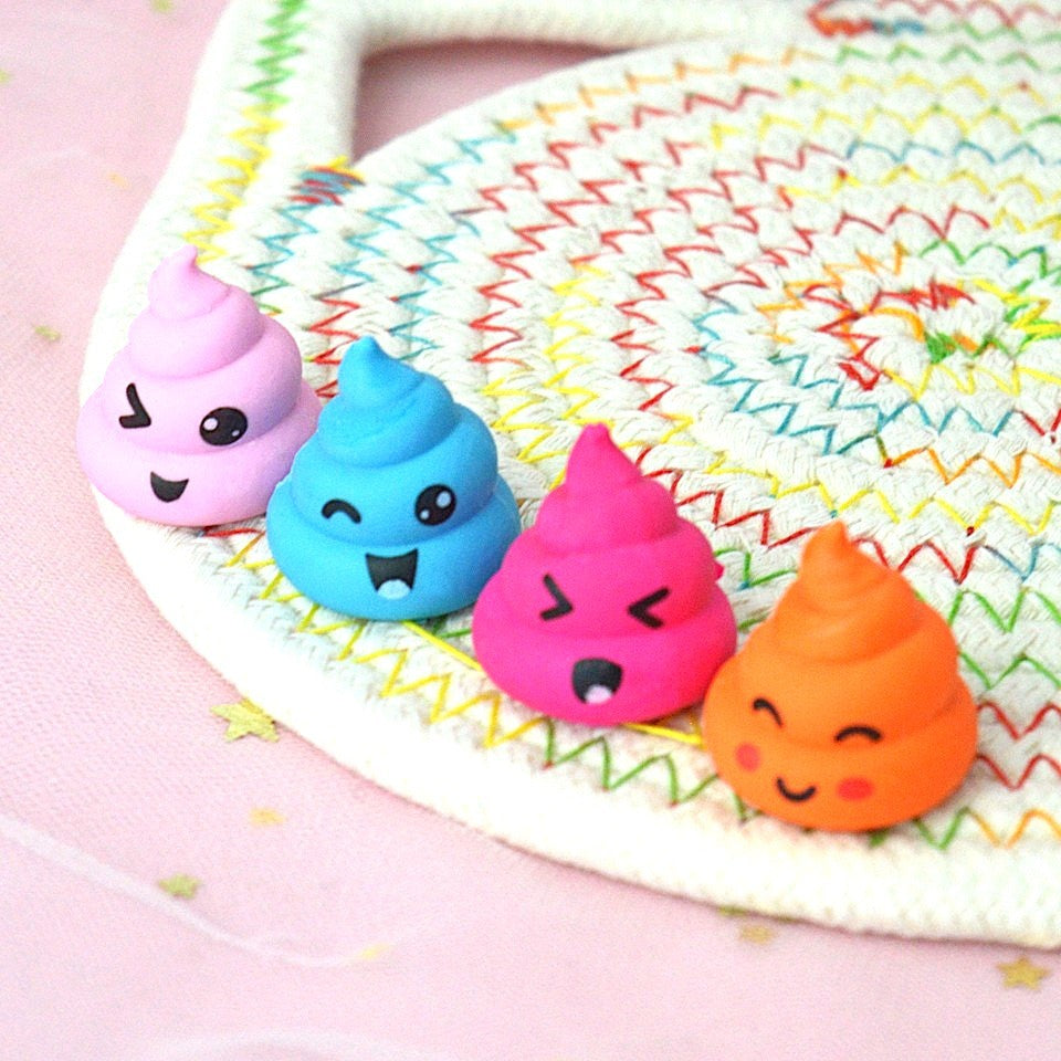 des gommes en forme de crottes colorées trop mignonnes qui possèdent une expression kawaii adorable et amusante