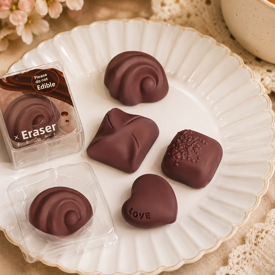 Lot de 4 gommes en forme de chocolats réalistes, cœur LOVE et pralines gourmandes, papeterie kawaii originale présentée dans une jolie boîte transparente.