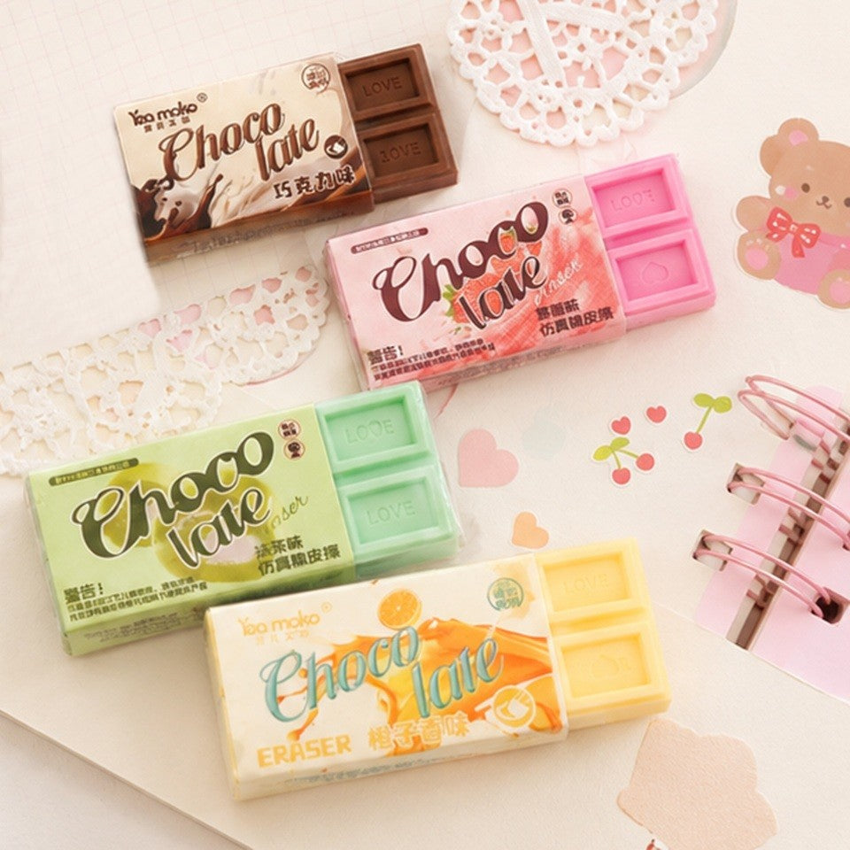 D'adorables gommes colorées en forme de tablette de chocolat gourmandes ! Effet trompe l'oeil assuré !