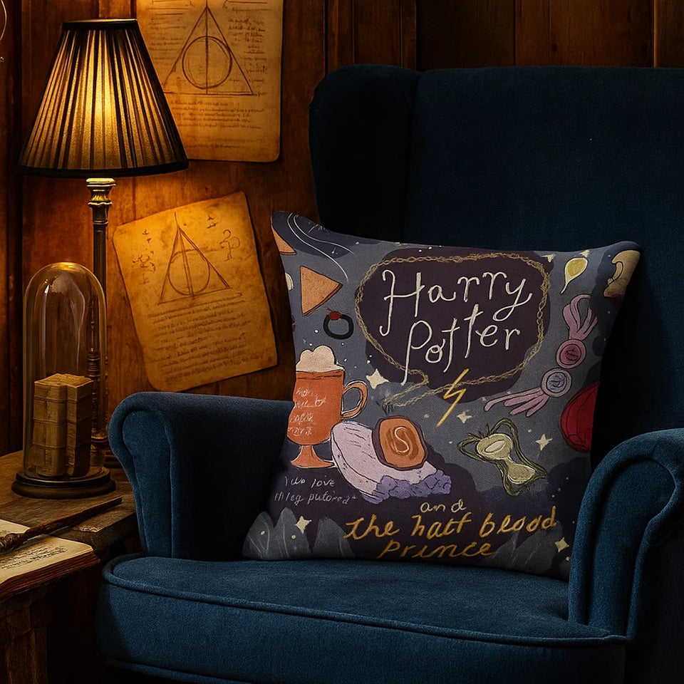 une superbe housse de coussin sur le thème de Harry Potter et le prince de sang mêlé. Détails et symboles iconiques de ce volet.