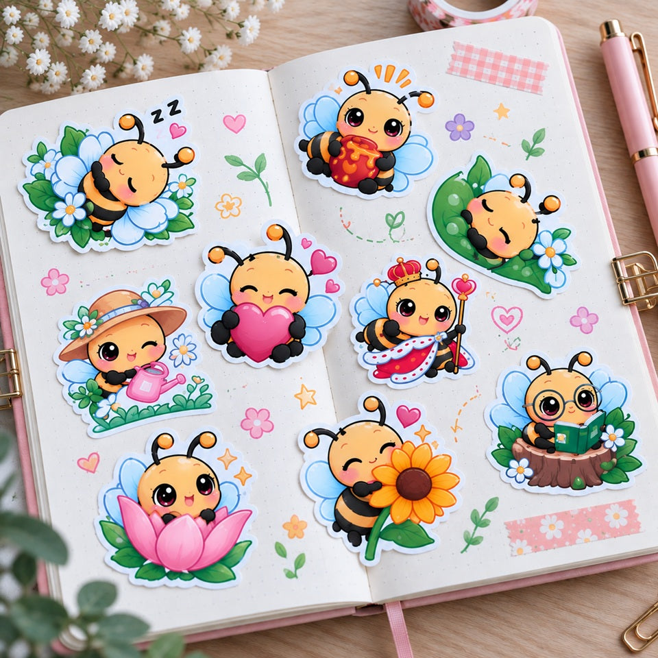 Stickers abeilles kawaii colorés collés dans un carnet ouvert, avec fleurs, cœur, miel et petites scènes adorables pour le scrapbooking.