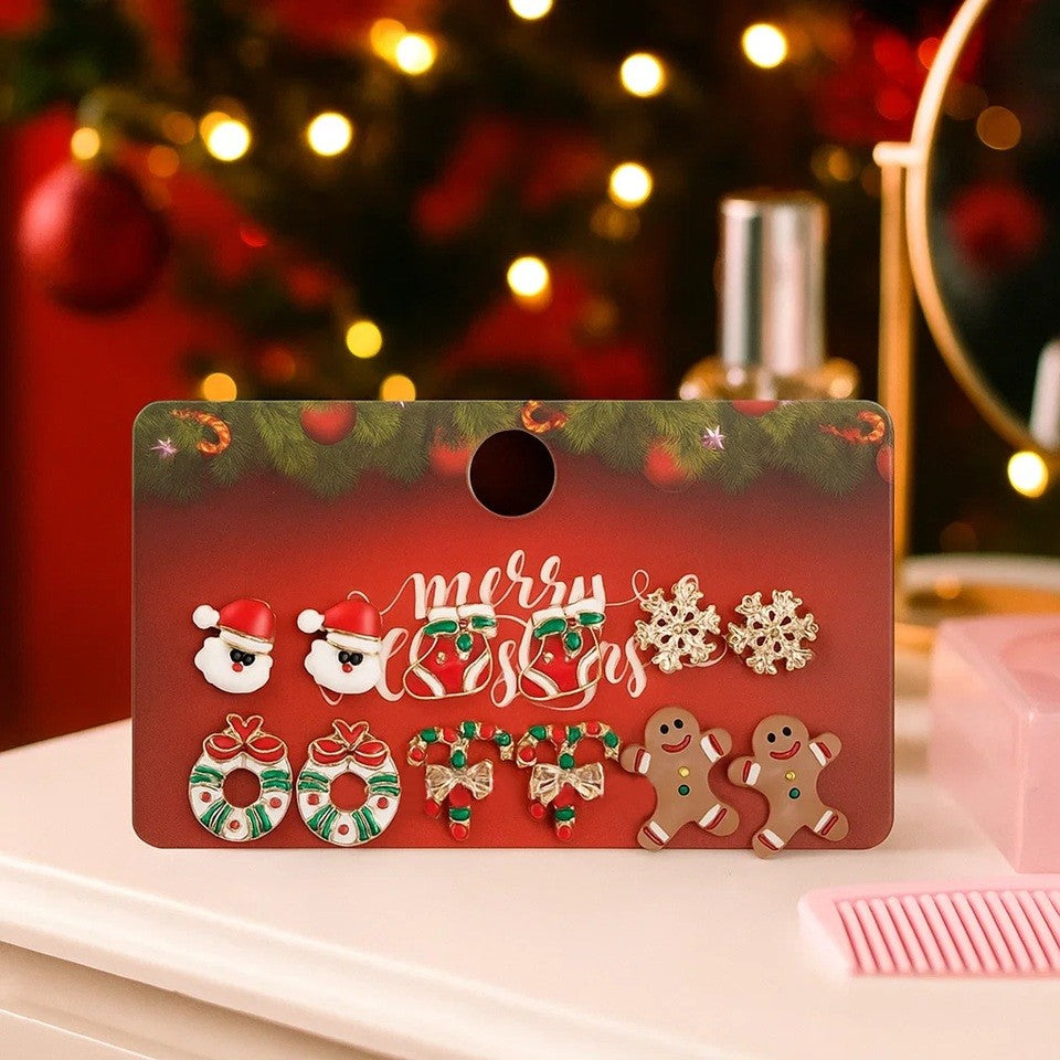 un lot de 6 jolies paires de boucles d'oreilles sur le thème de Noël : le père Noël, les chaussettes de Noël, les flocons de neige, les couronnes de Noël, les sucre d'orge et les bonhomme en pain d'épice. Dans les tons rouge, vert et doré, elles sont parfaites pour les soirées de décembre.