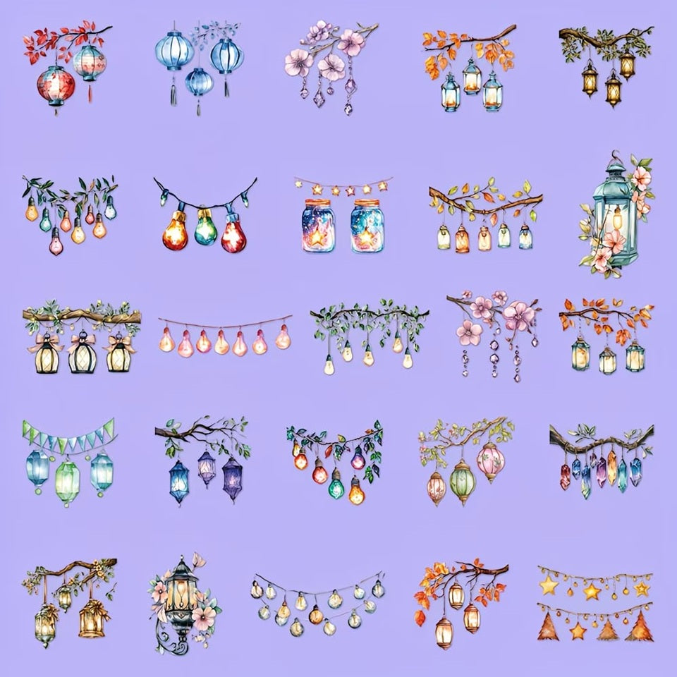 des stickers en forme de lanternes diverses et colorées (lampions, ampoules, coeurs, lanternes chinoises etc...)pour apporter une touche lumineuse et romantique à vos projets.