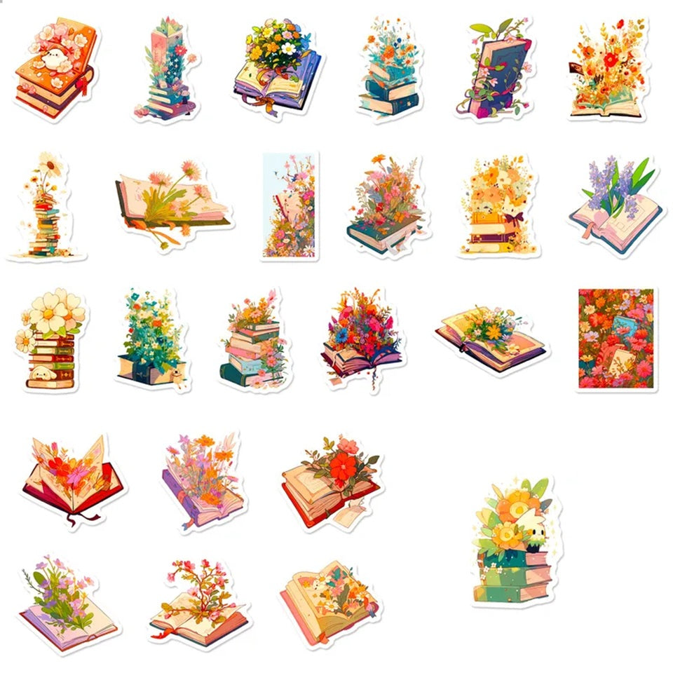 un lot de stickers en forme de livres ouverts d'où sortent des fleurs de différentes tailles, styles et couleurs. Une jolie connotation poétique et romantique dans laquelle l'imagination est reine.