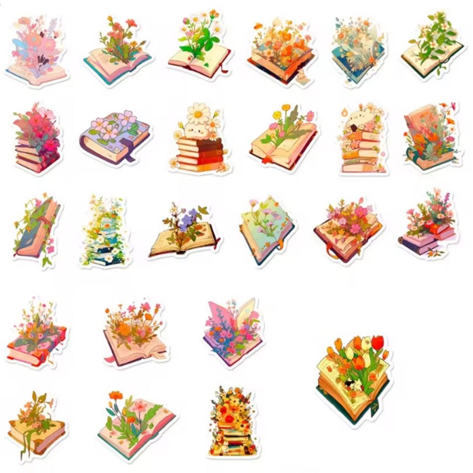 un lot de stickers en forme de livres ouverts d'où sortent des fleurs de différentes tailles, styles et couleurs. Une jolie connotation poétique et romantique dans laquelle l'imagination est reine.