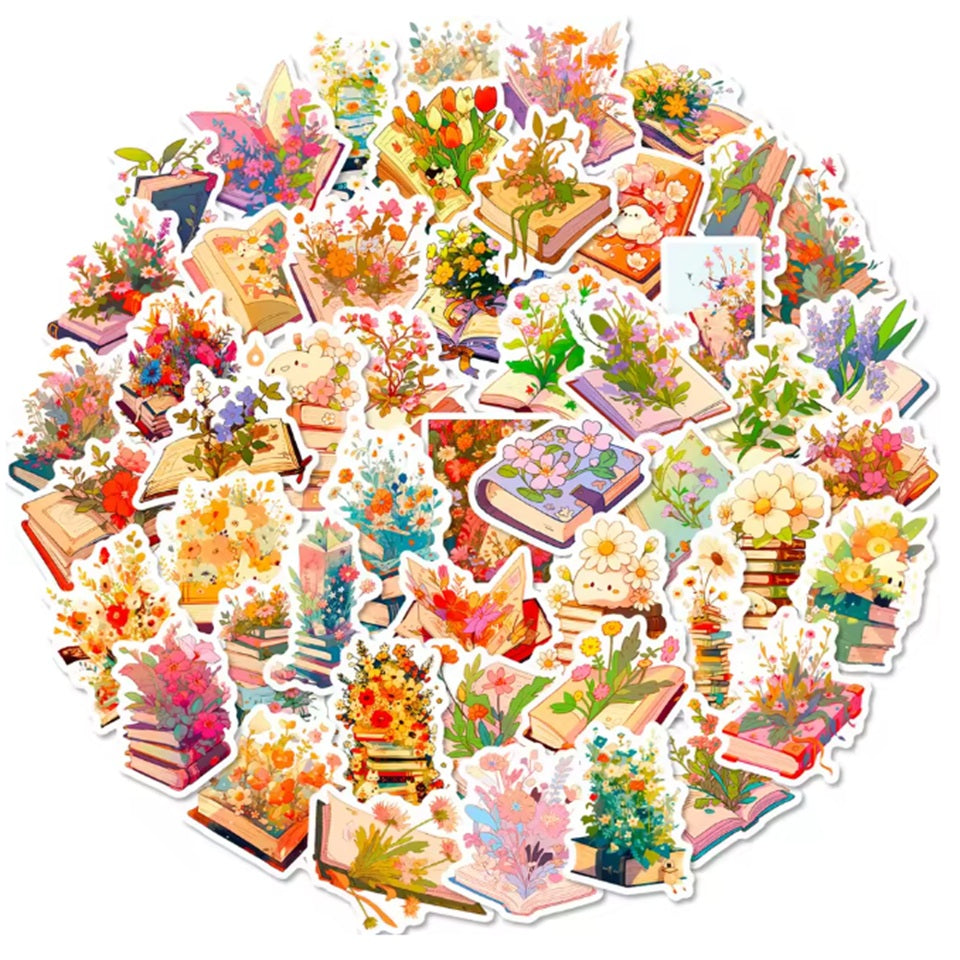 un lot de stickers en forme de livres ouverts d'où sortent des fleurs de différentes tailles, styles et couleurs. Une jolie connotation poétique et romantique dans laquelle l'imagination est reine.