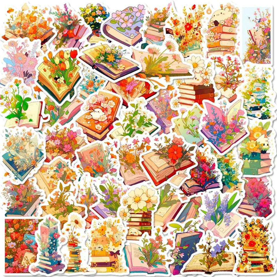 un lot de stickers en forme de livres ouverts d'où sortent des fleurs de différentes tailles, styles et couleurs. Une jolie connotation poétique et romantique dans laquelle l'imagination est reine.