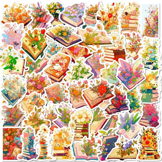 un lot de stickers en forme de livres ouverts d'où sortent des fleurs de différentes tailles, styles et couleurs. Une jolie connotation poétique et romantique dans laquelle l'imagination est reine.