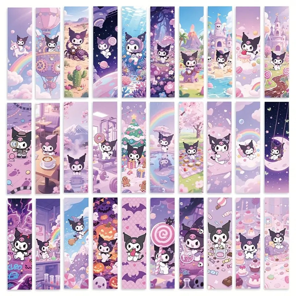 des marque-pages à l'effigie de l'adorablement rebelle Kuromi. Ils sont dans les tons de couleurs de Kuromi : violets