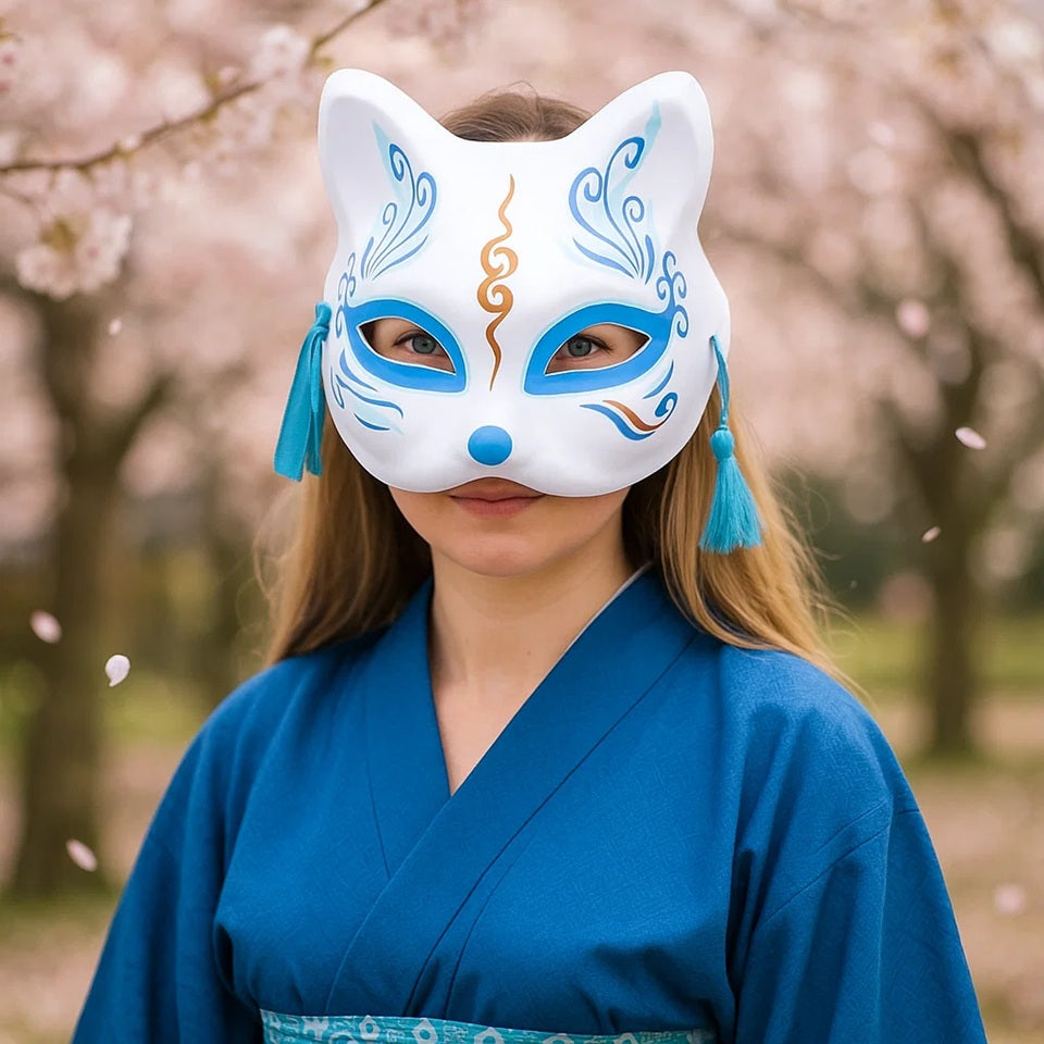 un masque de kistune bleu avec des détails dorés et des pompons bleus. Idéal pour le cosplay et les soirées déguisés
