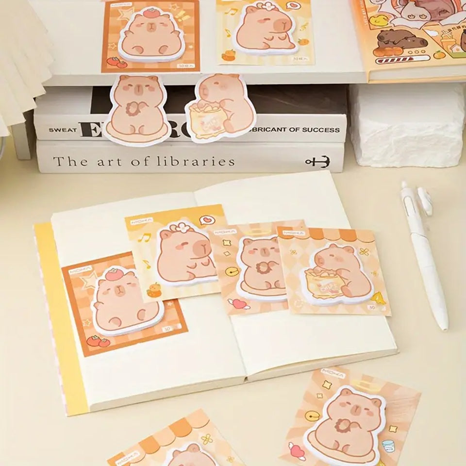 des mémos adhésifs inspirés des capybara. Avec leur expression calme et tendre, ils sont adorables. Dans des positions amusantes et mignonnes, ils sont parfaits pour laisser des messages.