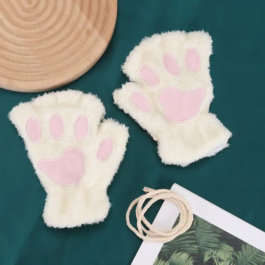 Mitaines peluchées patte de chat blanc