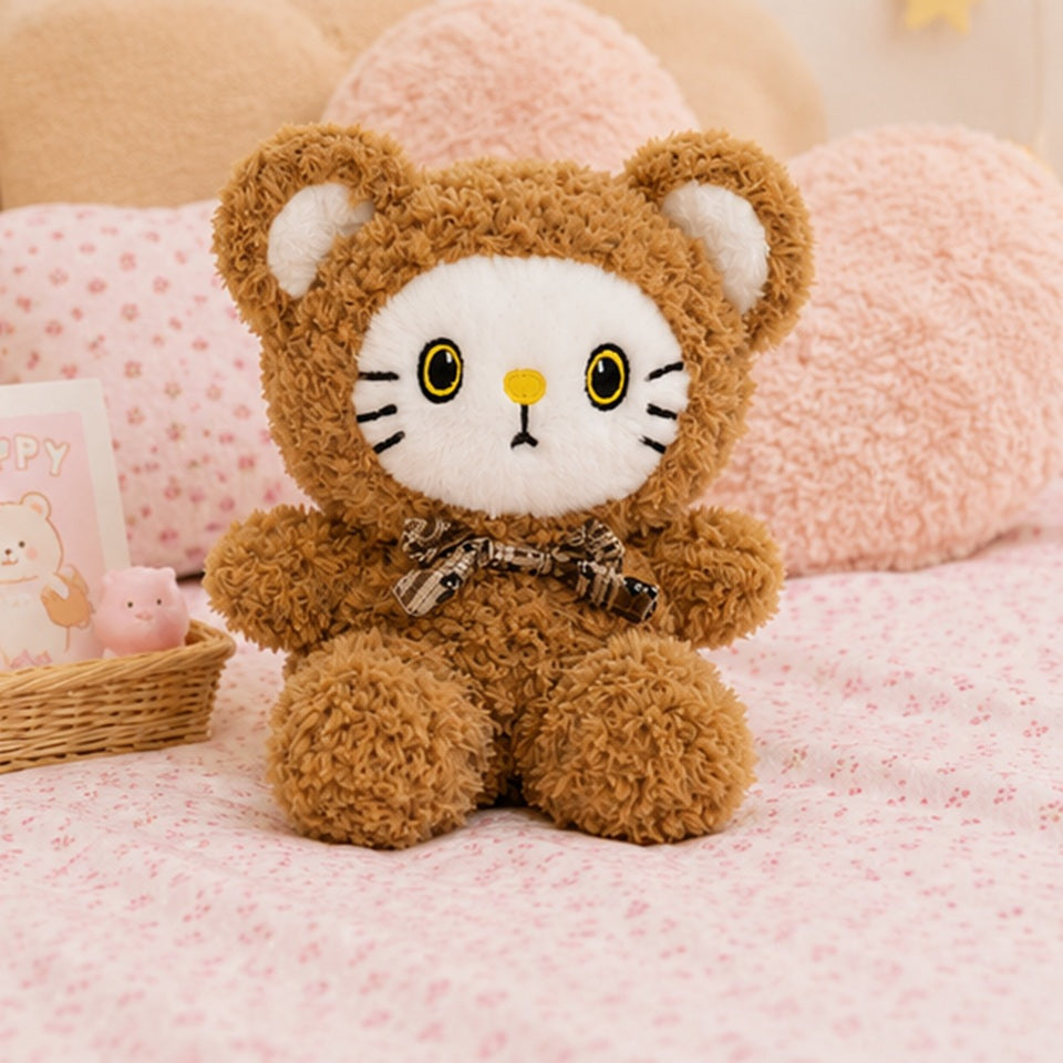 Peluche chat ourson kawaii vue de face, style japonais adorable, ambiance chaleureuse et cosy đ»